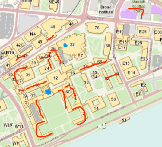 Map of MIT's campus, with the R&D Commons and the Bush Room highlighted.